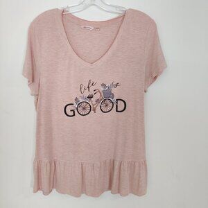 La Vie En Rose Women's Pajama Top Size M Pink Black Graphic Ruffled Hem Lounge